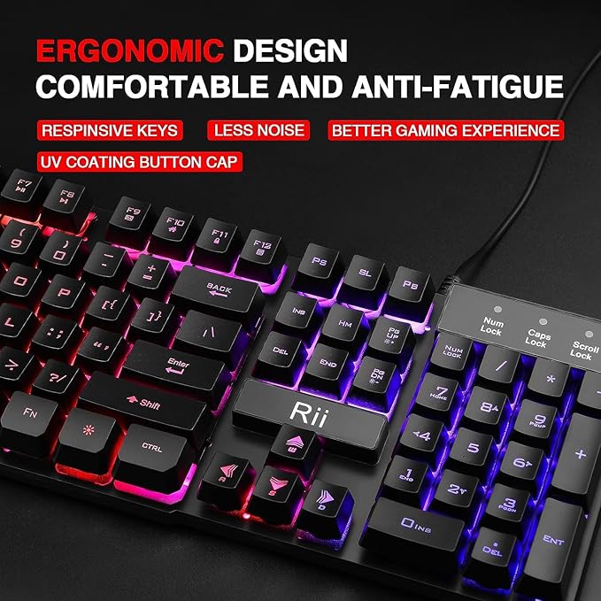 Rii RK100+ Multiple Color Rainbow LED Backlit Large Size USB Wired Mechanical Feeling Multimedia PC Gaming Keyboard,Office Keyboard for Working or Primer Gaming,Office Device