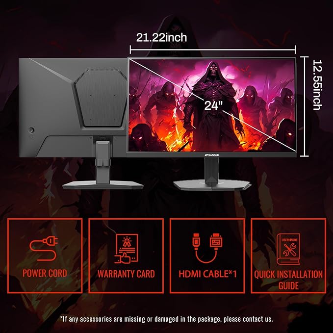 SANSUI 24 Inch Gaming Monitor 180Hz 1Ms FreeSync HDR 110% sRGB FHD 1080P Computer Monitor HDMI DP Ports Eye Care Frameless VESA Mount Cable Management (ES-G24F4L, HDMI Cable Included)
