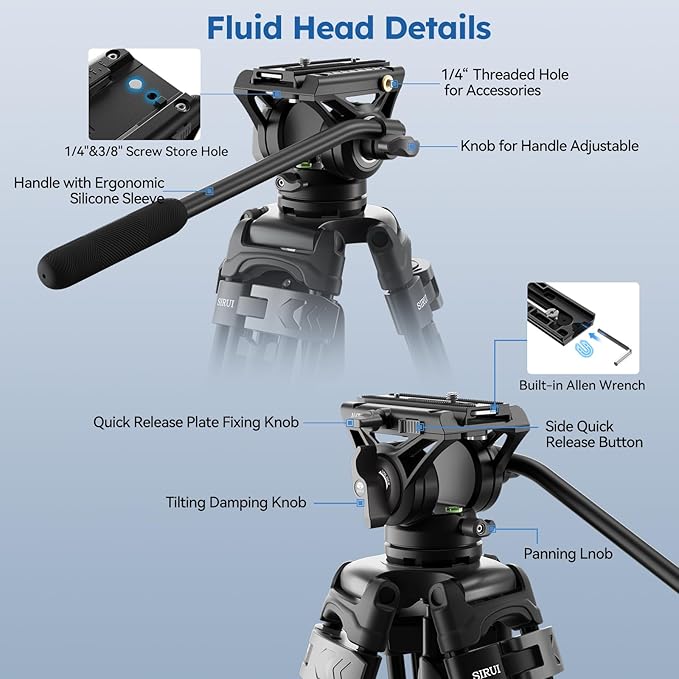 SIRUI Heavy-Duty Video Tripod with Fluid Head – Durable Aluminum Alloy Construction, Adjustable Height for Smooth Video Recording, Stable Support 22.0lbs for Cameras & Camcorders(AVT-02)