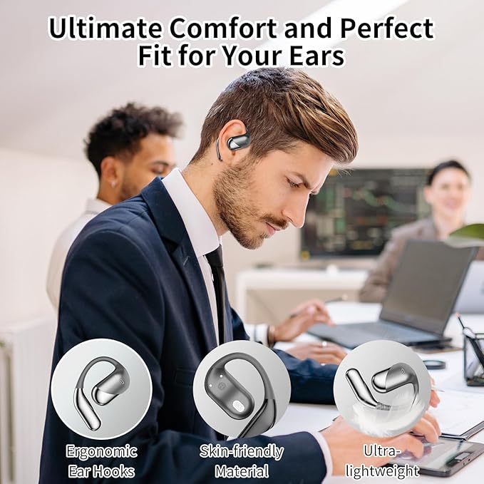 Open Ear Clip Wireless Earbuds Bone Conduction Headphones, Bluetooth 5.4, Open Ear Design for Running Fitness,office，Built-in Mic, IPX7 Waterproof, LED Display Charging Case,Ear Hooks Ear Buds