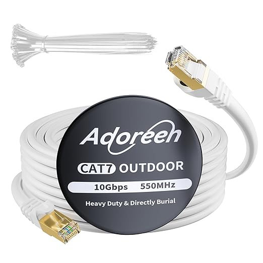 Adoreen Cat 6E Cat 7 Outdoor Ethernet Cable 25 FT White, High Speed Shielded Network Cable, S/FTP, POE, 26AWG OFC, Heavy-Duty Waterproof Direct Burial Cat 6A Internet Cable RJ45 LAN Cord+Ties-WH