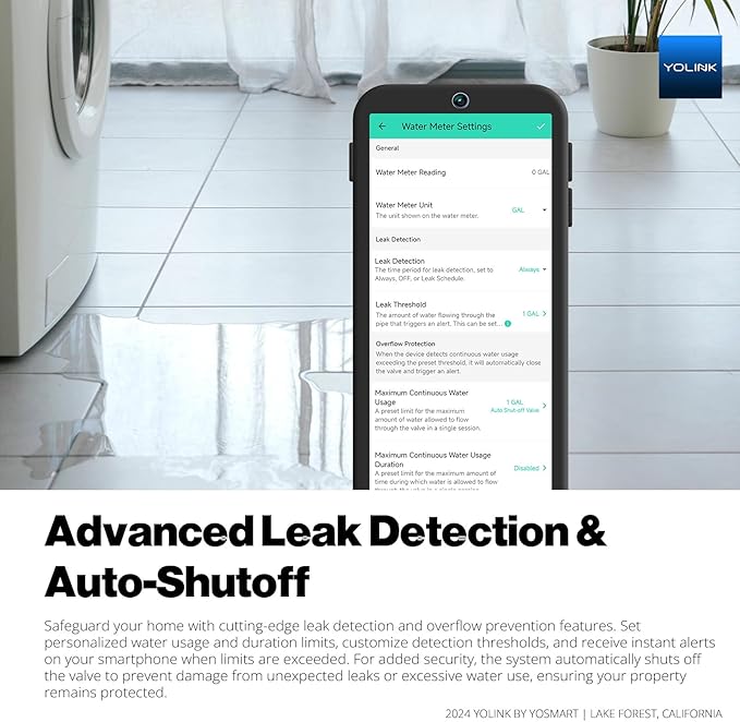 YoLink FlowSmart All-in-One: Smart Water Meter & Shutoff for 0.5'' Pipes, NSF Certified, Real-Time Leak Detection, App-Controlled, 10+ Year Battery, YoLink Hub Included – YS5018