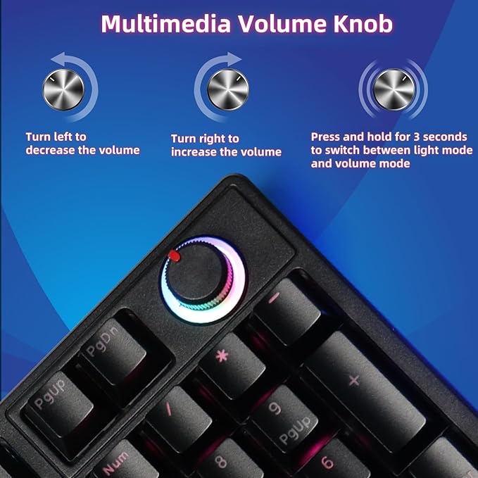 Mechanical Gaming Keyboard with Red Switches:98 Keys with Backlit, Black, Fine-Tune Audio or Brightness Using The Dual-Function knob,17 Lighting Modes,Anti-Ghosting, Wired USB for PC Mac Gaming