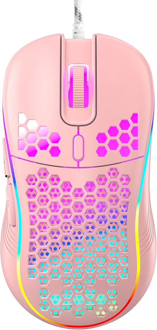 Honeycomb Wired Gaming Mouse with RGB On/Off Switch, 7200 Adjustable DPI, Ergonomic Lightweight Design & High Precision Sensor for PC/Mac Gamers (Pink)