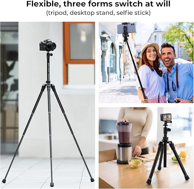 K&F CONCEPT 67''/170cm Cellphone Tripod, 2-in-1 Lightweight Compact Portable Selfie Stick with Phone Holder, DSLR Camera Tripod with Smartphone Remote E224A3+BH-18 Black