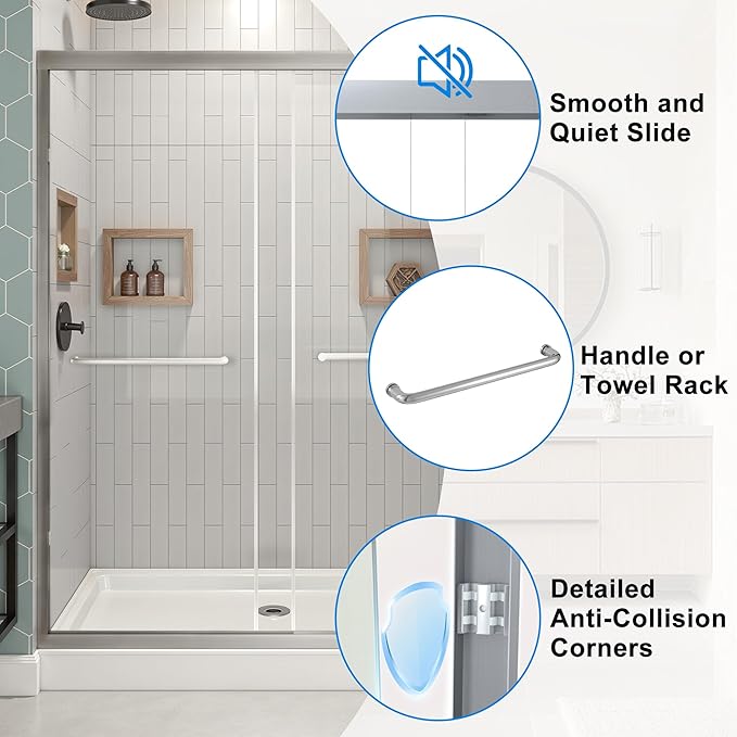 56-60" W x 72" H Shower Door Bathroom Double Sliding Shower Door 1/4"(6mm) Thick Tempered Glass Shower Door with Stainless Steel Handle for Walk-in Shower, Brushed Silver