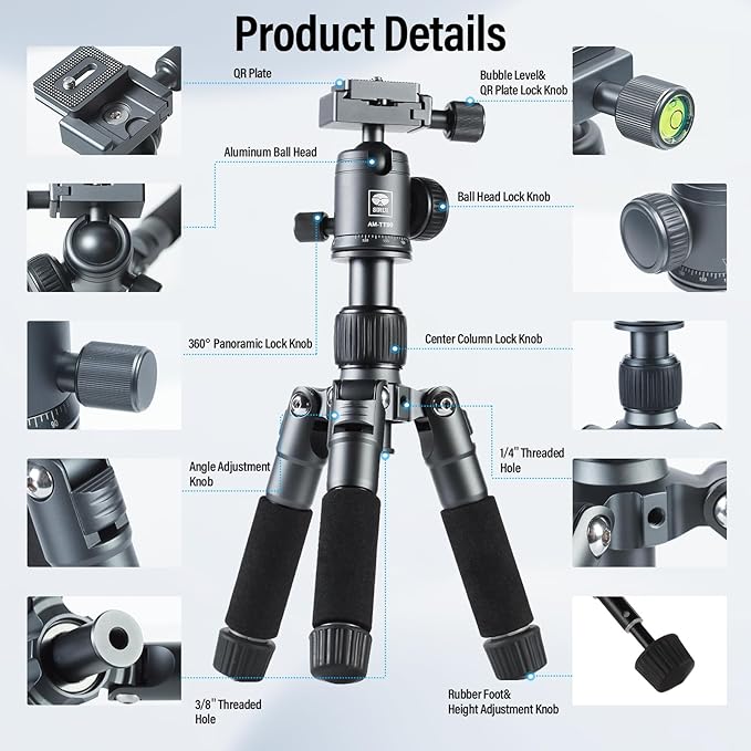 SIRUI Compact Mini Desktop Tripod, 20" Aluminum Portable Small Tabletop Tripod Stand with 360° Ball Head for DSLR, Camera, Phone, Loaded up to 17.64lbs, Phone Holder Included, AM-TT50