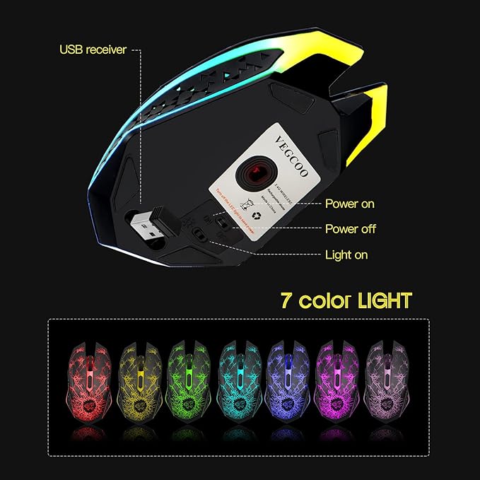 VEGCOO Wireless Gaming Mouse, Rechargeable Gaming Mouse, Silent Optical Mice with 2.4G USB Receiver, 3 Level DPI, 6 Buttons, 7 Colors LED Lights for PC/Mac Gamer, Laptop and Desktop