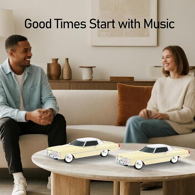 American Retro car Bluetooth Speaker, Mobile Wheel Retro car Model, HD Stereo, TWS Pairing, LED Ambient Light, Type-C Portable Charging, Home, Party, Camping Desktop Decoration (Beige)