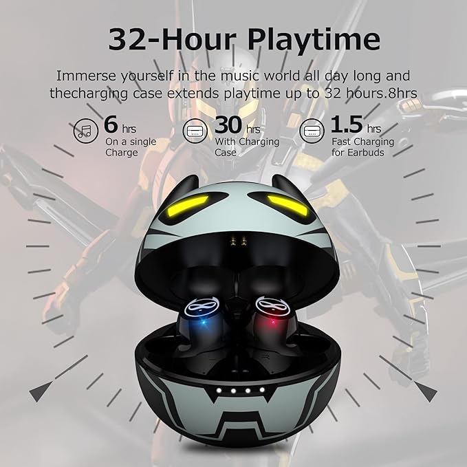 Wireless Earbuds for Small Ears, Touch Control Headset Stereo Sound in-Ear Wireless Headphones, Bluetooth 5.0 Noise Reduction Earphones with Cartoon Blinking Eyes Iron People Charging Case