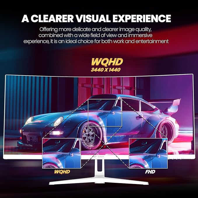 CRUA 34'' White Gaming Monitor 165Hz/144Hz 21:9 1500R Ultrawide Curved Monitor, WQHD 3440X1440 120%sRGB VA Panel Computer Monitor Support Freesync, PIP/PBP, HDMI2.0 & DP1.4, Wall Mount&Tilt Adjustable