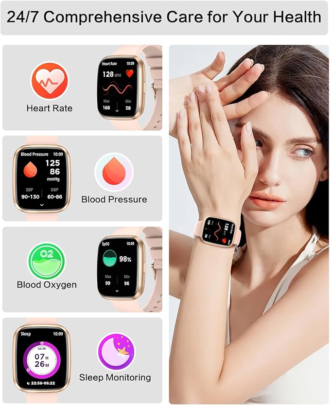 Smart Watches for Women, 1.75" Bluetooth Call, AI Voice Smartwatch, 24/7 Heart Rate Monitor, Blood Pressure/SpO2/Sleep Tracker, IP68 Waterproof, 100+ Sports Fitness Tracker for Android iOS Pink
