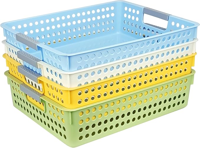 Turn in Trays Classroom, 4Pcs Paper Trays for Classroom, Book Baskets for Library, Drawers, Office, Home (4 Color B)