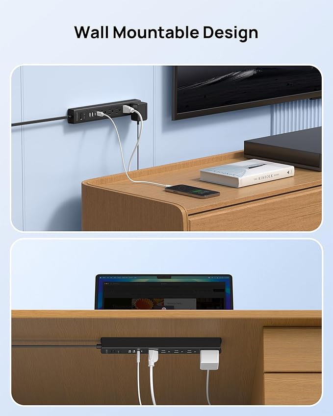 TROND 360° Rotating Plug Surge Protector Power Strip, Flat Plug Power Strip with 2 USB C and 2 USB A, 1440J Surge Protector, Wall Mountable, Flat Extension Cord 10ft for Home Office Dorm, Black