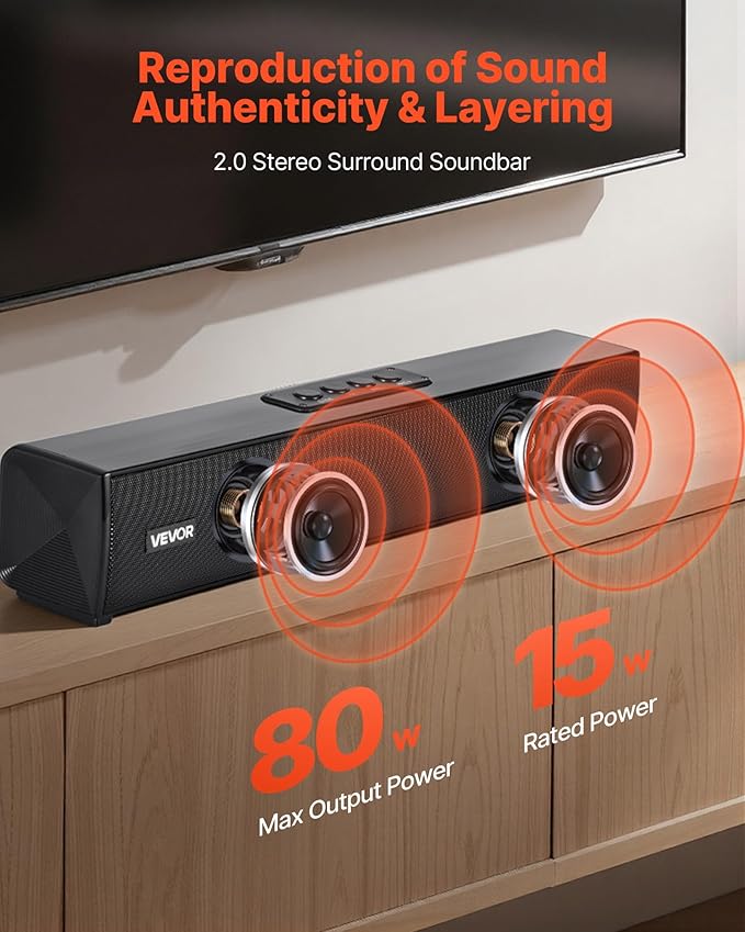 VEVOR Sound Bar for Smart TV, 2.0 Channel, 17-Inch Compact Soundbar TV Speakers for Projector, Bluetooth AUX Connection, Remote Control, Easy Setup, 80W Surround Sound System for PC Home Theater Audio
