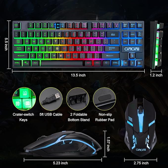CHONCHOW 87 Keys TKL Gaming Keyboard and Mouse Combo, Wired LED Rainbow Backlit Keyboard 800-3200 DPI RGB Mouse, Gaming for PS4 Xbox PC Laptop Mac