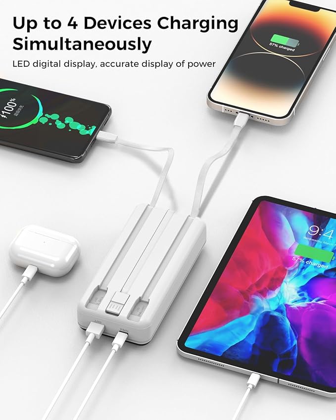 Portable Charger 40000mAh Power Bank Built-in Cable Battery Pack, PD 22.5W Fast Charging Portable Phone Charger 4 Output 3 Input, Compatible with iPhone 16 15 14 13 Samsung Google iPad (White)