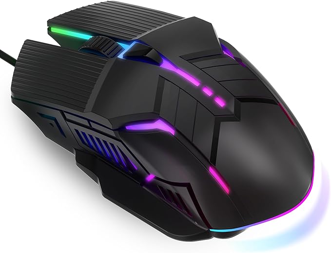 Wired Gaming Mouse - Lightweight USB Optical Computer Mice with 7-Color RGB LED Lights, 4 Adjustable DPI (1200-3200), 6 Buttons, Ergonomic Design for Windows (S800-Black)