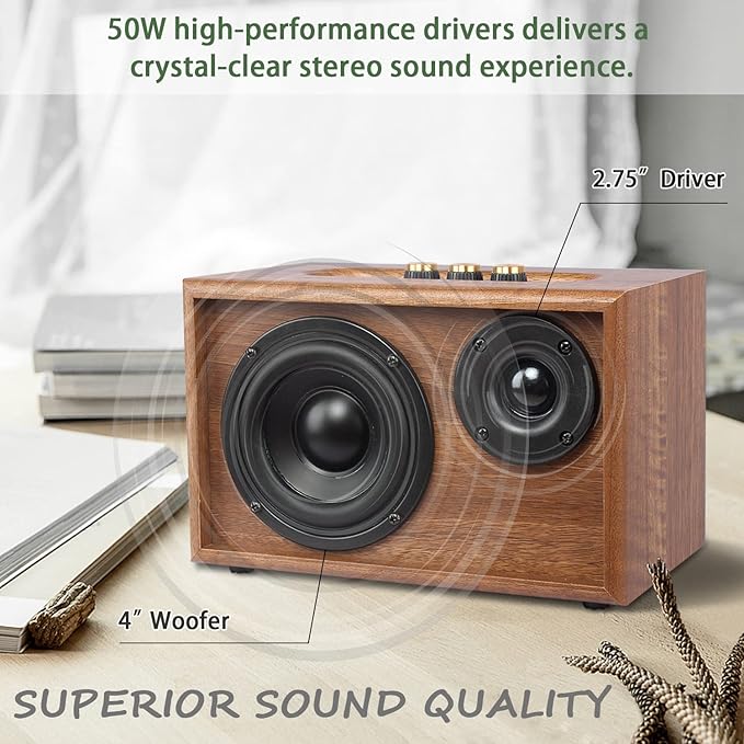 Retro Wooden Bluetooth Speaker, KONEX 40W Vintage Portable Wireless Speaker, Bluetooth 4.2 Heavy Bass Music Player, 20H Long Playtime, Outdoor Speaker for Home, Office, Party, Gift for Friend
