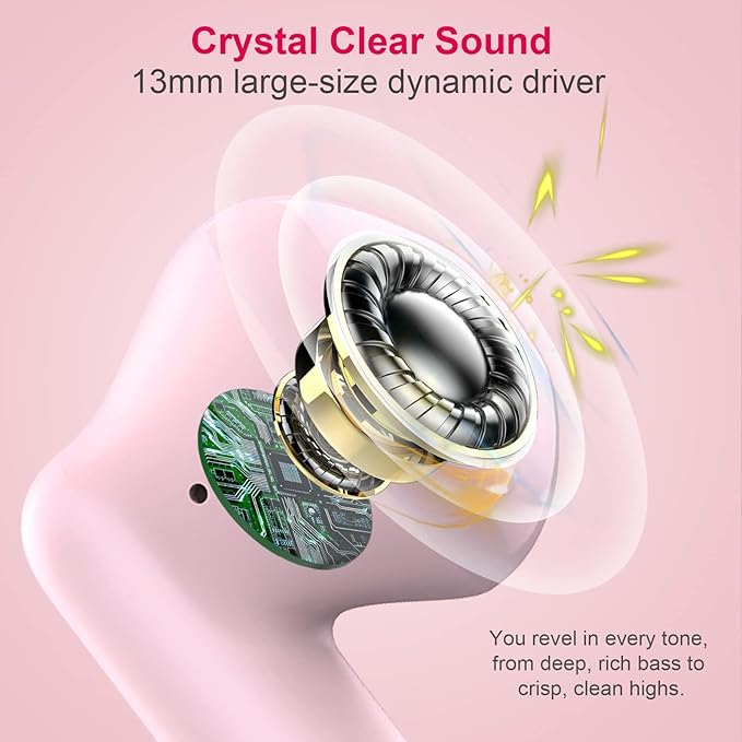 Wireless Earbuds, Bluetooth 5.4 Earbuds Stereo Bass, Bluetooth Headphones in Ear Noise Cancelling Mic, Earphones IP7 Waterproof Sports, 32H Playtime USB C Charging Case Pink Ear Buds for Android iOS