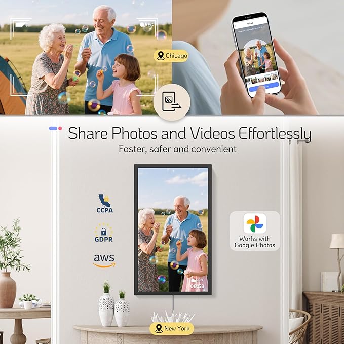 NexFoto 27 Inch Touchscreen Digital Picture Frame, FHD WiFi Photo Frame Electronic, 64GB Digital Frame, Add Photos from Google Photos, Upload Videos, Gifts for Housewarming, Black