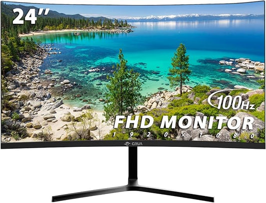 CRUA 24" Curved Monitor, FHD(1920×1080P) 100HZ, 99% sRGB Color Gamut Computer Monitors, Narrow Bezels on Three Sides, Blue Light Filter PC Monitor for Home, Office and Dormitory(HDMI, VGA)-Black