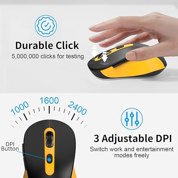 Wireless Mouse for Laptop, PC, Chromebook, Mac, MacBook, Silent Wireless Mouse with USB Nano Receiver, Side Button, 2400 DPI, Anti Slip Roller, 6 Button Ergonomics Cordless Computer Mice -Black Yellow