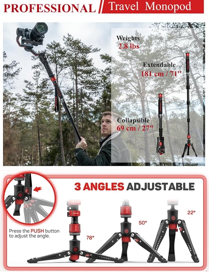 IFOOTAGE Monopod for Camera Cobra 3 A180T, 71" Aluminum Camera Monopod with Feet, Telescopic Video Mono pod Compatible with Sony Canon Nikon DSLR Cameras, Payload 17.64 lbs