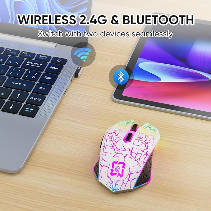 Bluetooth Mouse Wireless Gaming Mouse, 2.4G Cordless RGB Rechargeable PC Game Mouse Computer Mice for Laptop Desktop -White