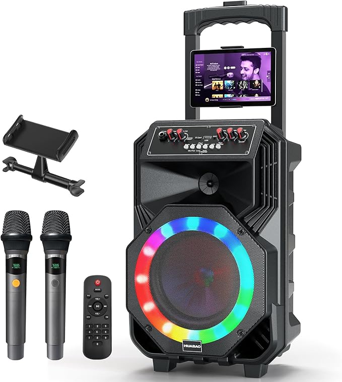 Karaoke Machine with 2 Wireless Microphones, Rolling Wheels, and Trolley – 8800mAh Portable Bluetooth Speaker, PA System with Lights, Adjustable Bass/Treble/Echo for Parties, Indoor and Outdoor Use