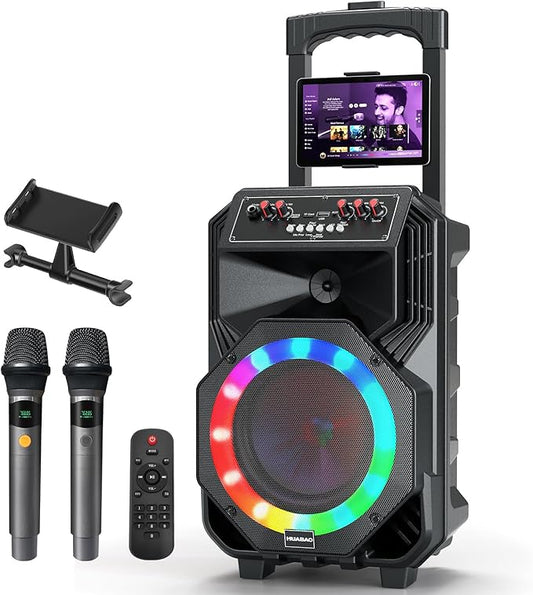 Karaoke Machine with 2 Wireless Microphones, Rolling Wheels, and Trolley – 8800mAh Portable Bluetooth Speaker, PA System with Lights, Adjustable Bass/Treble/Echo for Parties, Indoor and Outdoor Use