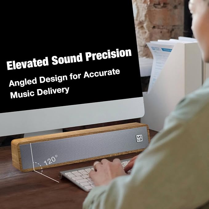 MICA Bluetooth Computer Speakers, Angled Wooden Computer Sound Bar, 3.5mm Aux-in Connection, Wired USB Powered PC Speakers for Desktop Monitor, Laptop, Tablet - Yellow (M30T)