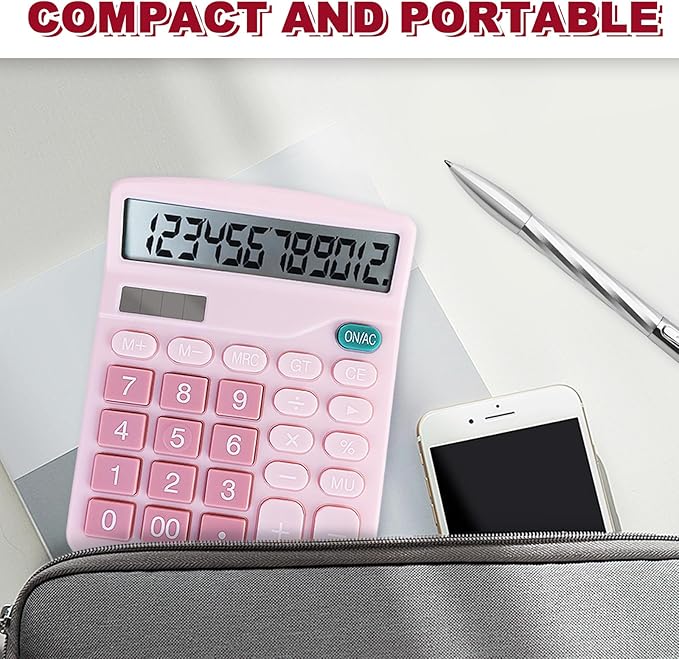 Basic Calculator with Comfortable Large LCD Display, 12 Digits Calculators Desktop, Tilt Screen, Big Button, Desk Calculator with Dual Power (Solar & Battery Included) (Pink)