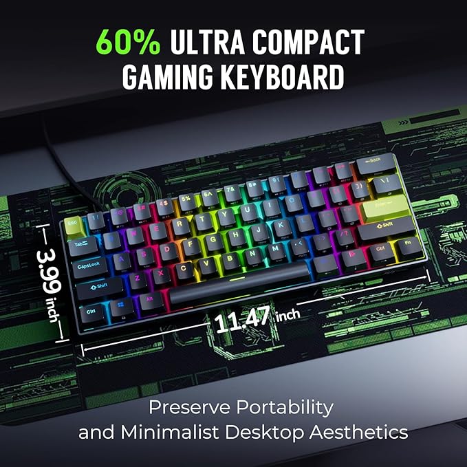 RK ROYAL KLUDGE C61 HE Gaming Keyboard 60% Wired Mechanical Keyboard with Hall Effect Magnetic Switch 8000Hz Polling Rate Rapid Trigger RGB Backlit, 61 Keys, Black Green
