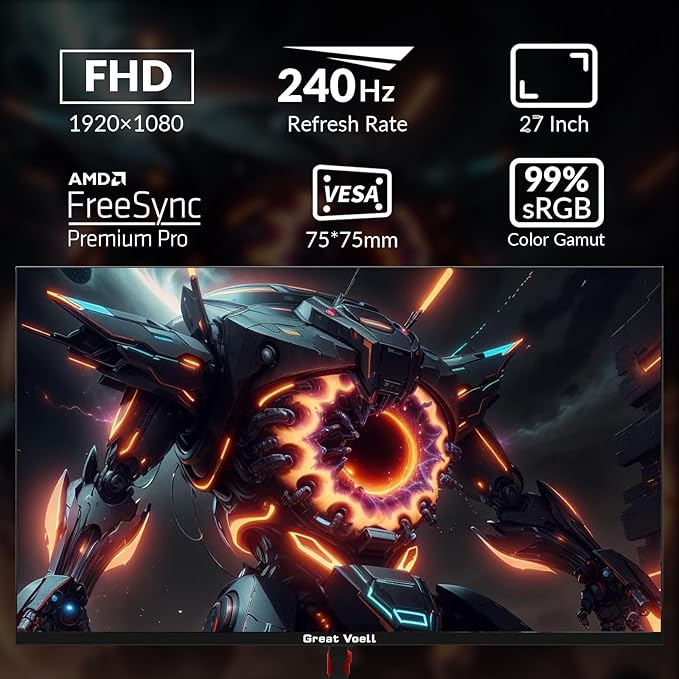 27 Inch Farmless Gaming Monitor, 240Hz 1ms FHD 1080P, 1500R VA Panel, FreeSync, 2X HDMI 1.4 & 2X DP 1.2, 100% sRGB, 90% DCI-P3, Frameless Design, VESA Mount, Metal Stand – Black