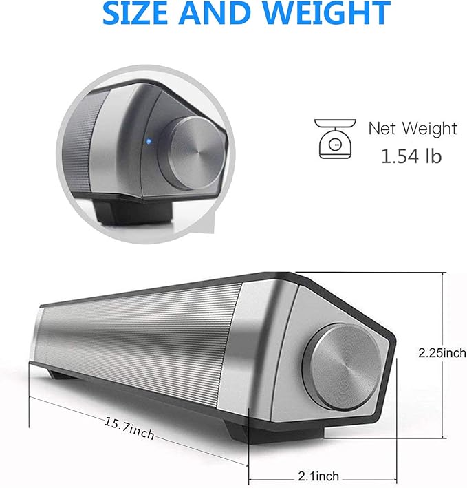 TOPROAD Sound Bar | Soundbar Wired and Wireless Bluetooth 5.0 Speaker | Built in Mic | for Cell Phone/Tablet/Projector and Support TV with AUX/RCA Output