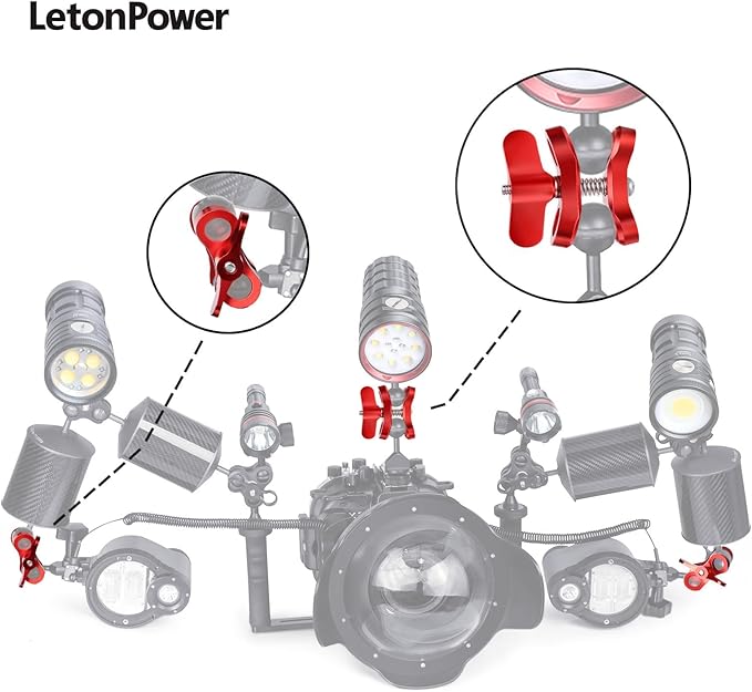 2-Hole 1" Aluminum Underwater Camera Clamp Ball Mount (2-Pack) - Underwater Bracket for Diving Light Arms & Camera Trays, Saltwater-Resistant Adapter for Scuba Photography/Videography Gear