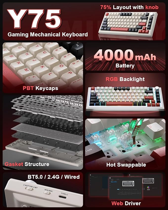 Y75 Wireless Mechanical Keyboard,75% Hot Swappable Custom Keyboard with Knob,RGB Backlit, PBT Keycaps,2.4GHz/USB-C/BT5.0 Mechanical Gaming Keyboards(White&Red,Milk Switch)