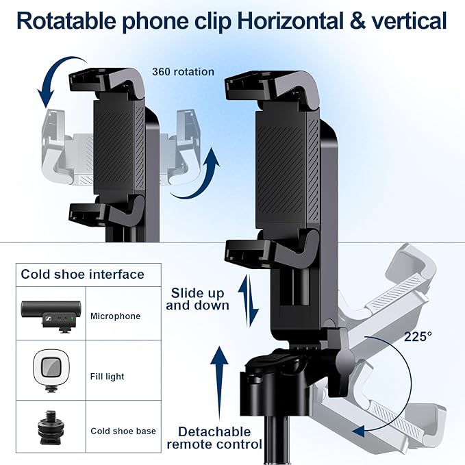 Phone Tripod Stand with Zoom, Portable Selfie Stick with Detachable Remote and 360° Rotatable Holder, Expandable Pocket-Size Cell Phone Tripod Compatible with iPhone/Android for Photo/Video Recording