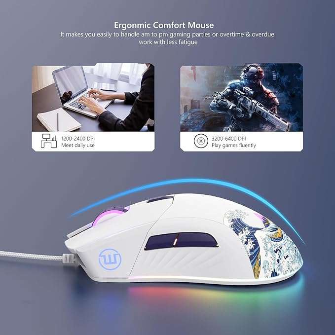 Womier Wired Gaming Mouse, White RGB Anime Mouse w/Ergonomic Computer 12000DPI/6 Programmable Buttons Programmable Buttons for Laptop PC Mac Windows-G705 V2 Kanagawa