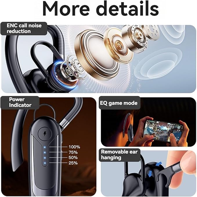 Bluetooth Headphones, Wireless Bluetooth Headphones with ENC Call Noise Cancellation, 30 Hours Talk Time 200 Hours Standby Time, LED Power Display, for Truck/Driver/Business, Universal Smartphone