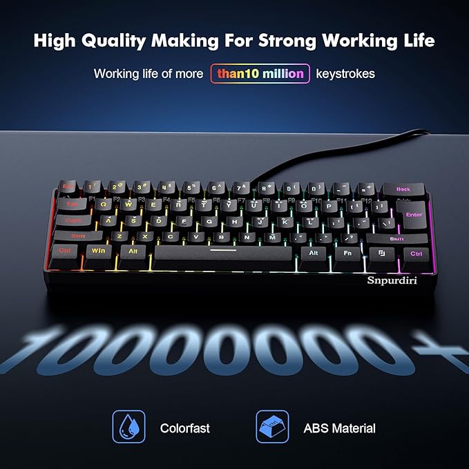 Snpurdiri 60% Wired Gaming Keyboard, RGB Backlit Ultra-Compact Mini Keyboard, Waterproof Small Compact 61 Keys for PC/Mac Gamer, Typist, Travel, Easy to Carry on Business Trip(Black)
