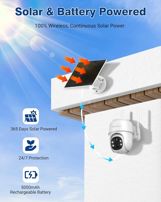 Septekon 360°PTZ Security Cameras Wireless Outdoor 2 Pack, 2K Solar Battery Powered Cameras, 2.4G WiFi Camera with Spotlight, Motion Detection, Siren, Color Night Vision, IP66, White
