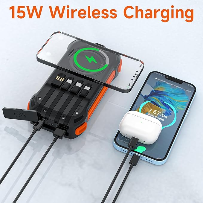 Power Bank 49800mAh Solar Charger 15W Wireless Charging USB-C 22.5W Fast Charging with 4 Built-in Cables LED Flashlight Battery Pack Compatible with iPhone, iPad, Galaxy, Perfect for Camping, Hiking
