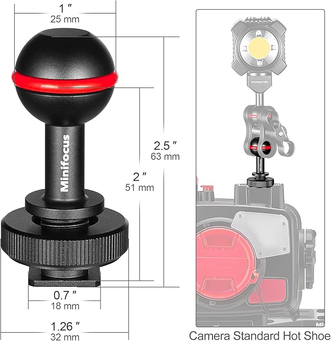 MINIFOCUS 1" Ball Head Cold Shoe Base Adapter, Universal Ball Joint Bracket with Cold Shoe Base Adapter for Diving Light Underwater Camera Waterproof Housings Case Video/Flash/Strobe Hot Shoes