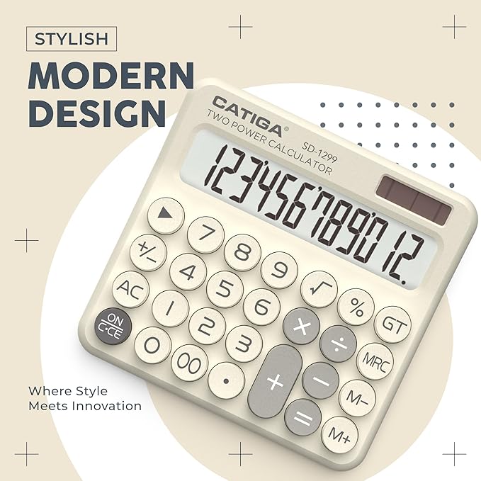CATIGA Mechanical Switch Calculator with Solar and Battery Dual Power, 12-Digit Large LCD Display, Aesthetic and Cute Desktop Calculator with Big Button, for Home, School and Office Use, SD-1299