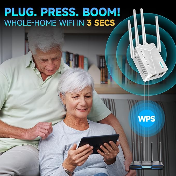 WiFi Extender Signal Booster for Whole Home & Backyard - 10K Sq.Ft Coverage w/4 Antennas | 90% Faster Internet Booster w/Ethernet Port, Easy Setup Wireless Repeater Works with Any Router | Long Range