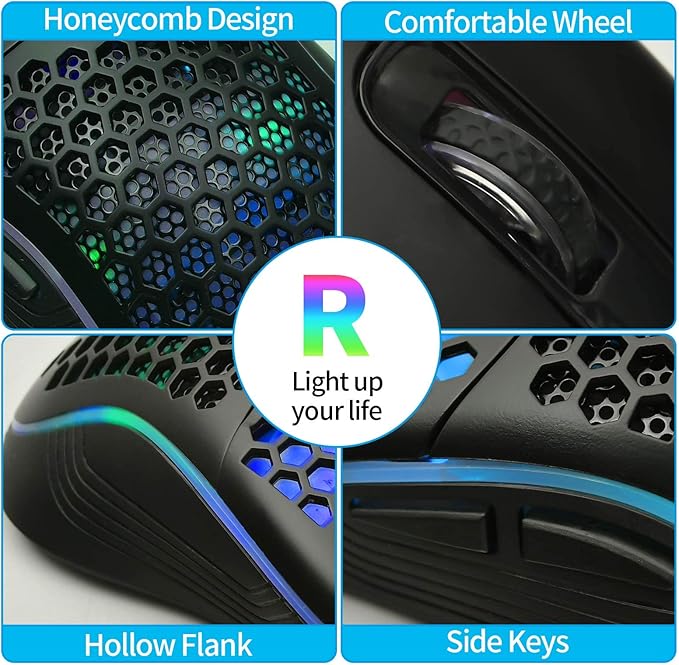 Honeycomb Wired Gaming Mouse with RGB On/Off Switch, 7200 Adjustable DPI, Ergonomic Lightweight Design & High Precision Sensor for PC/Mac Gamers (Black)