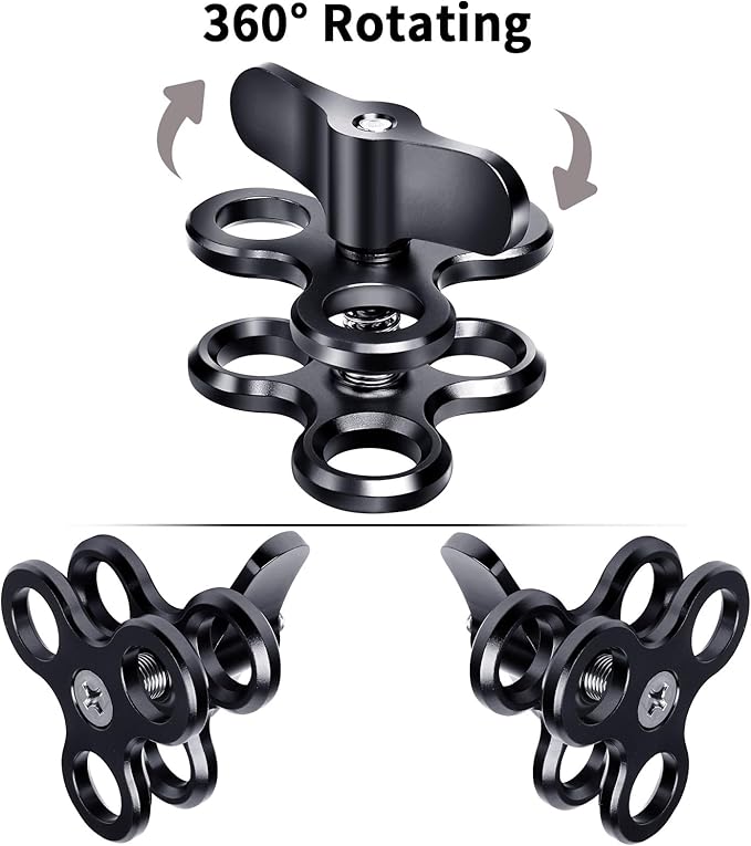 3-Hole 1" Aluminum Underwater Camera Clamp Ball Mount (2-Pack) - Underwater Bracket for Diving Light Arms & Camera Trays, Saltwater-Resistant Adapter for Scuba Photography/Videography Gear