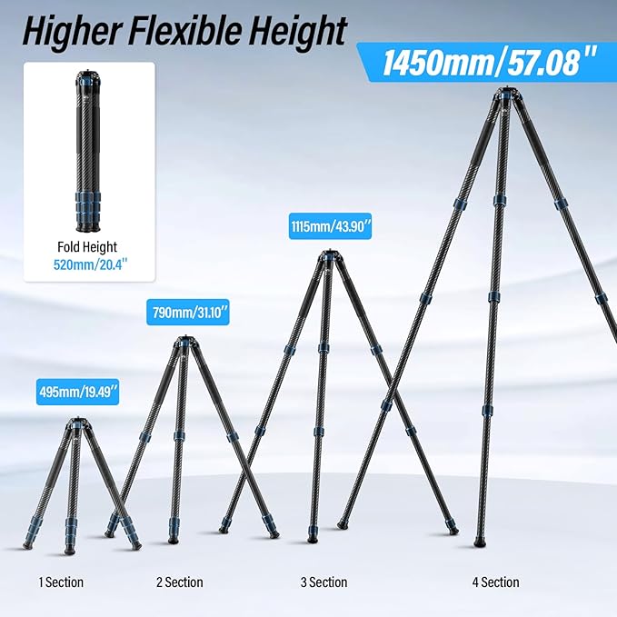 SIRUI AM-324 Professional Camera Tripod, 57” Compact Carbon Fiber Tripod for Mirrorless Camera, DSLR, 4-Section with Max Tube Dia 32mm, Load Up to 39.8lbs/18kg